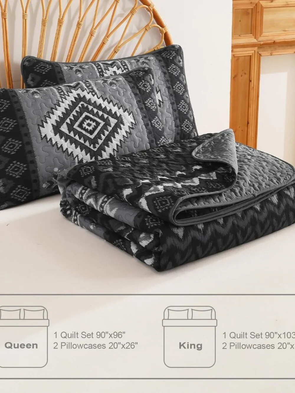 Black Aztec Boho Quilt Set – Southwestern Bedspread